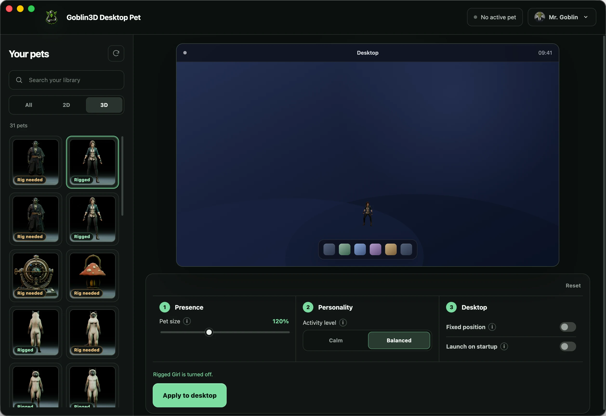 Goblin3D Desktop Pet app showing the pet library, desktop preview, and pet settings