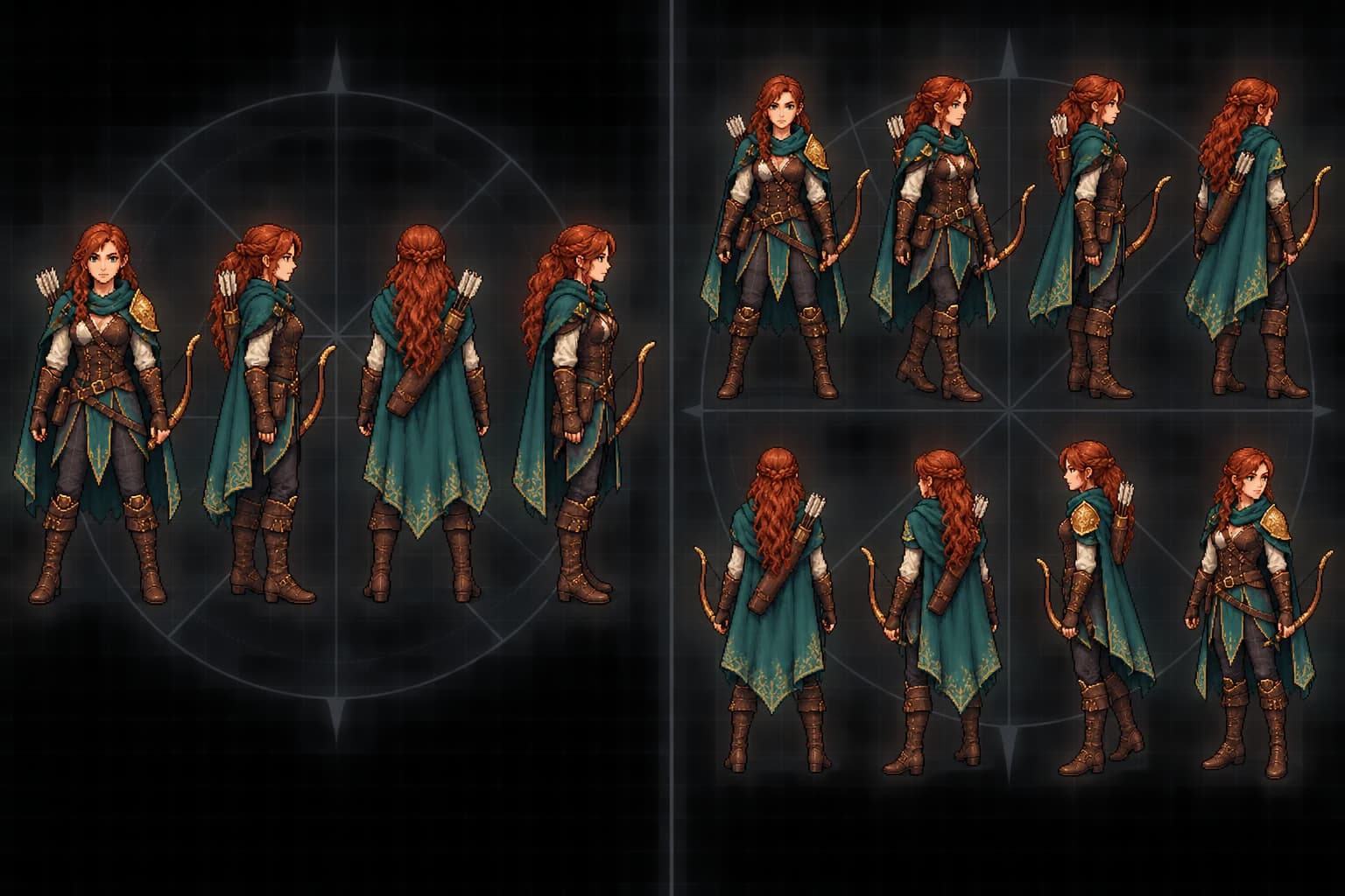 Pixel-art fantasy ranger shown in four cardinal views and eight evenly spaced directional views