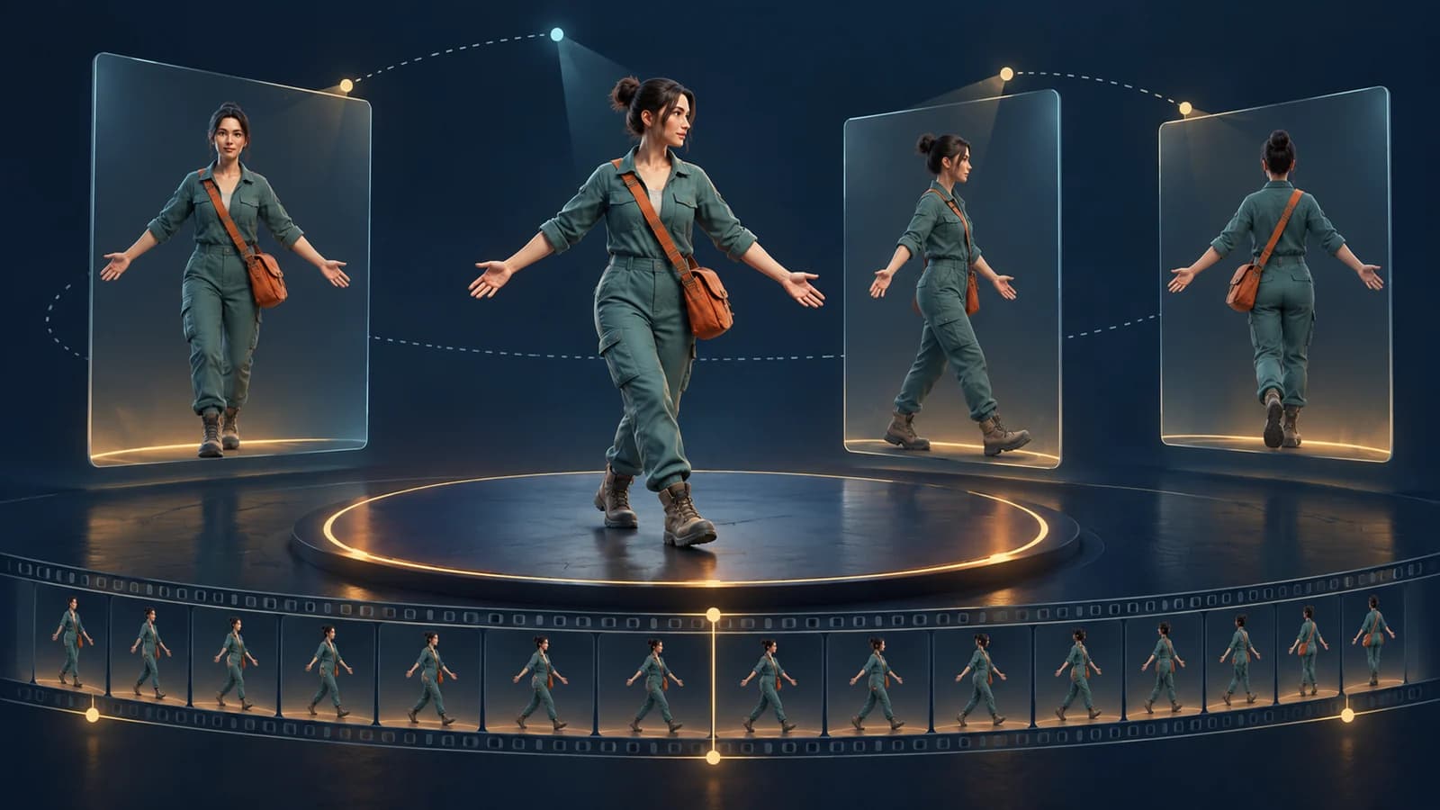 Concept illustration of an adult performer in a teal jumpsuit, with front, side, and back panels and a filmstrip suggesting motion over time.