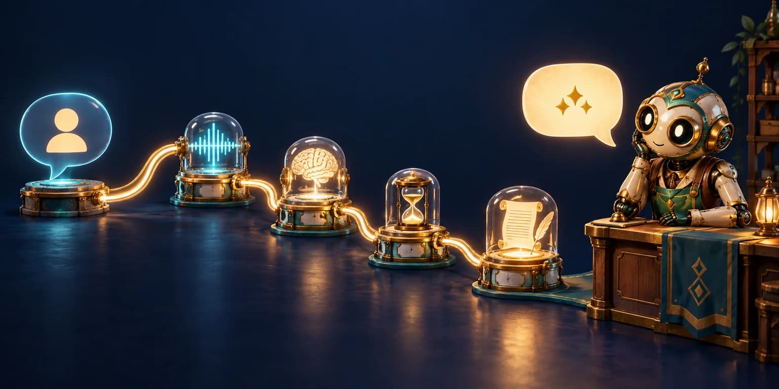 A brass automaton shopkeeper waits beside a glowing path of speech, processing, hourglass and writing symbols.