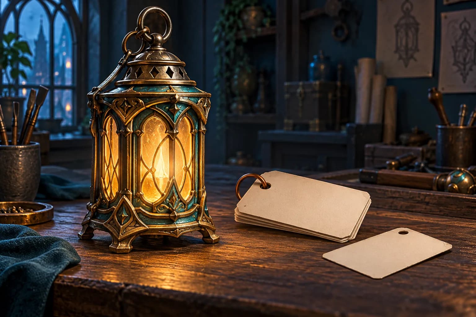 An ornate brass lantern beside ring-bound blank record cards and one detached card on a workshop table.