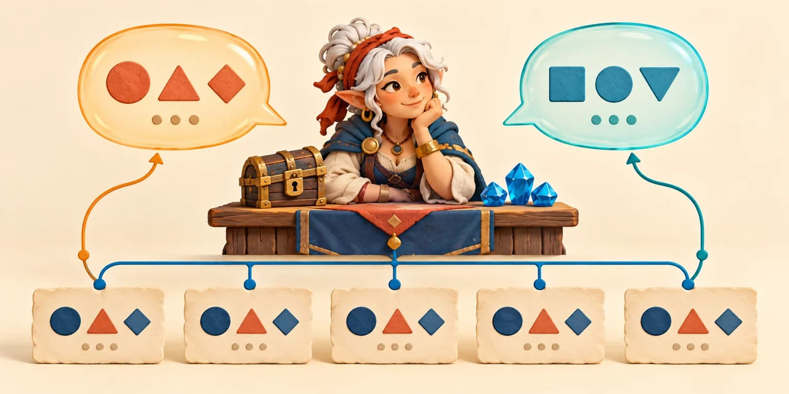 A fantasy merchant with a locked chest, three gems and two different dialogue bubbles connected to matching test cards.