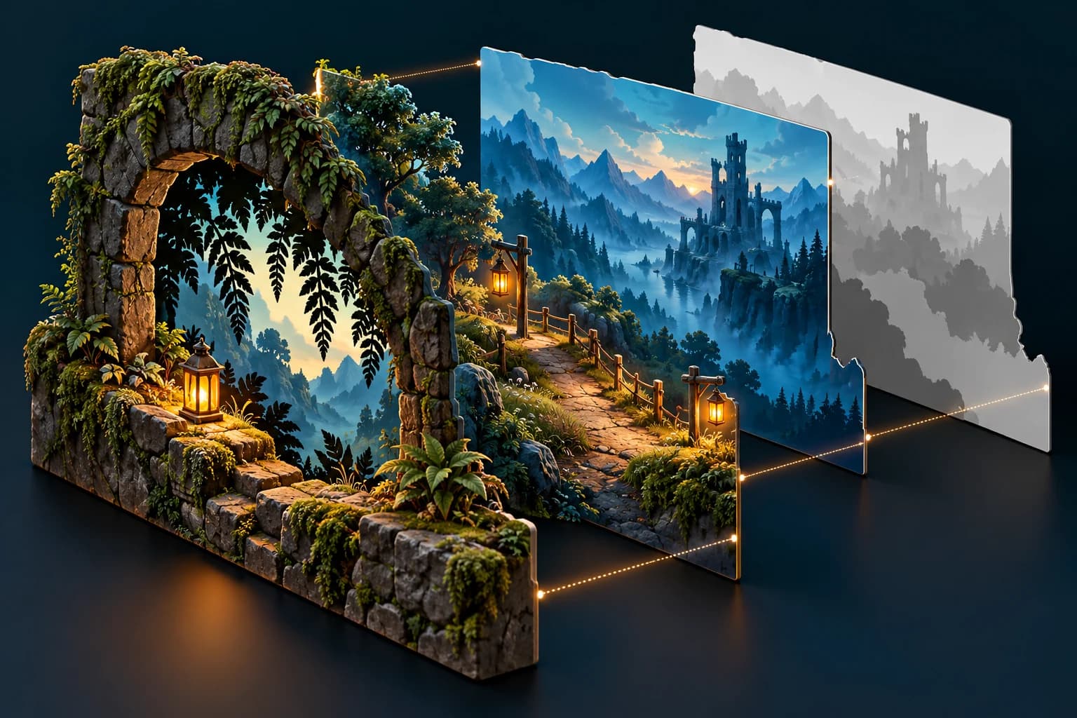 An exploded fantasy diorama with a mossy arch, lantern-lined path, distant tower and a separate grayscale guide plane.