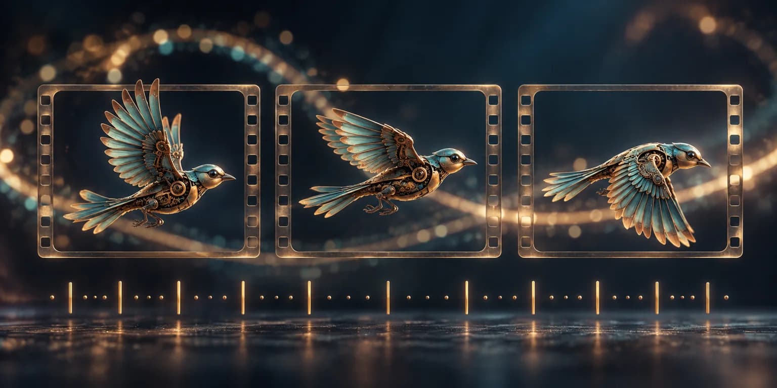 Three film frames show a copper-and-teal mechanical bird in successive wing poses above glowing timeline marks.