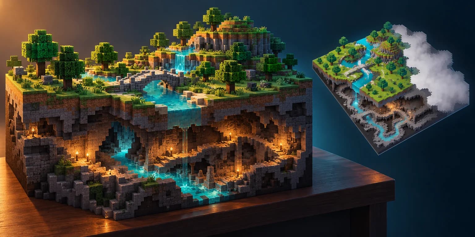A voxel landscape with a bridge and underground cave, beside a smaller angled map partly covered by fog.