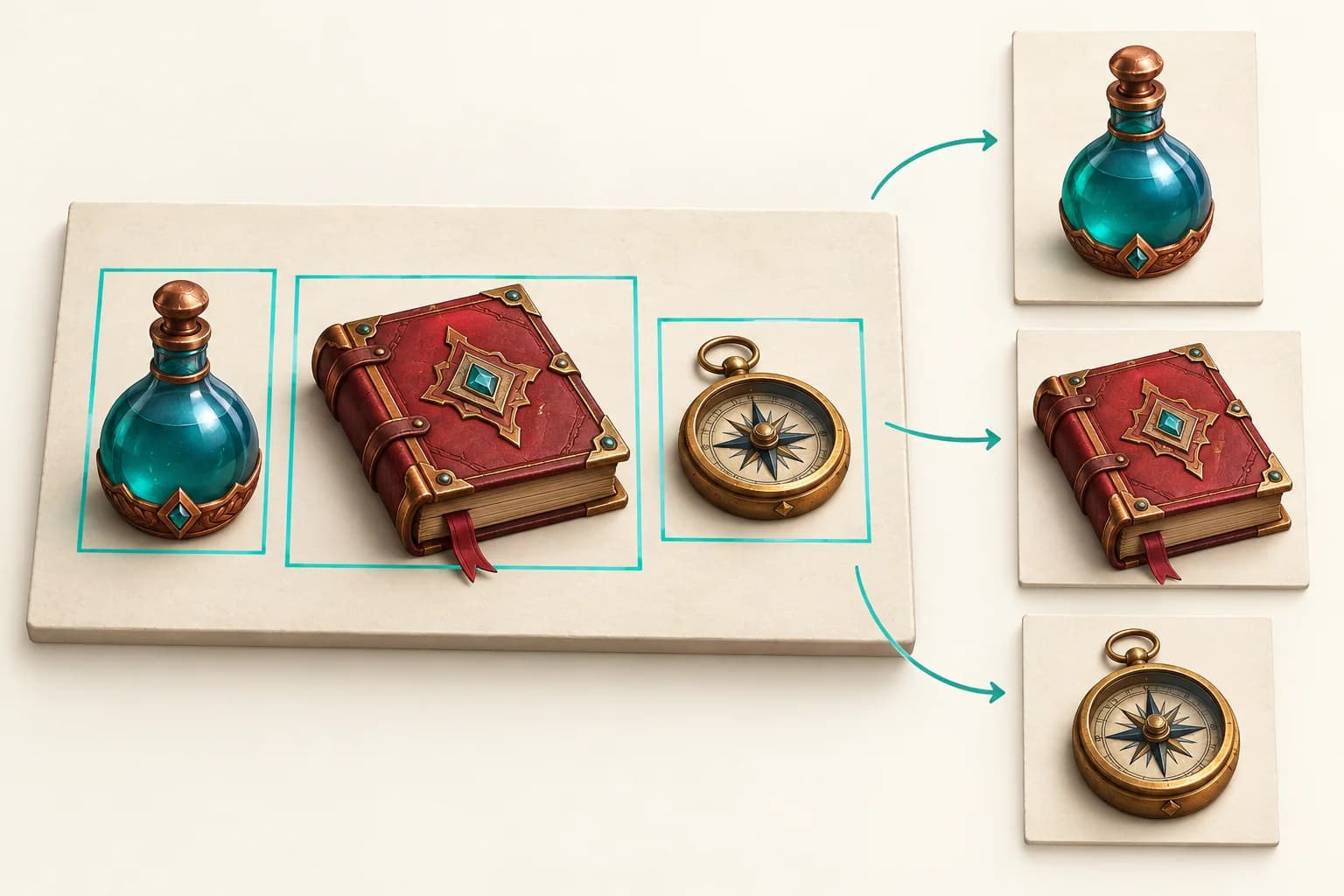 A potion bottle, red spellbook and gold compass on a reference board, connected to separate rectangular cards.