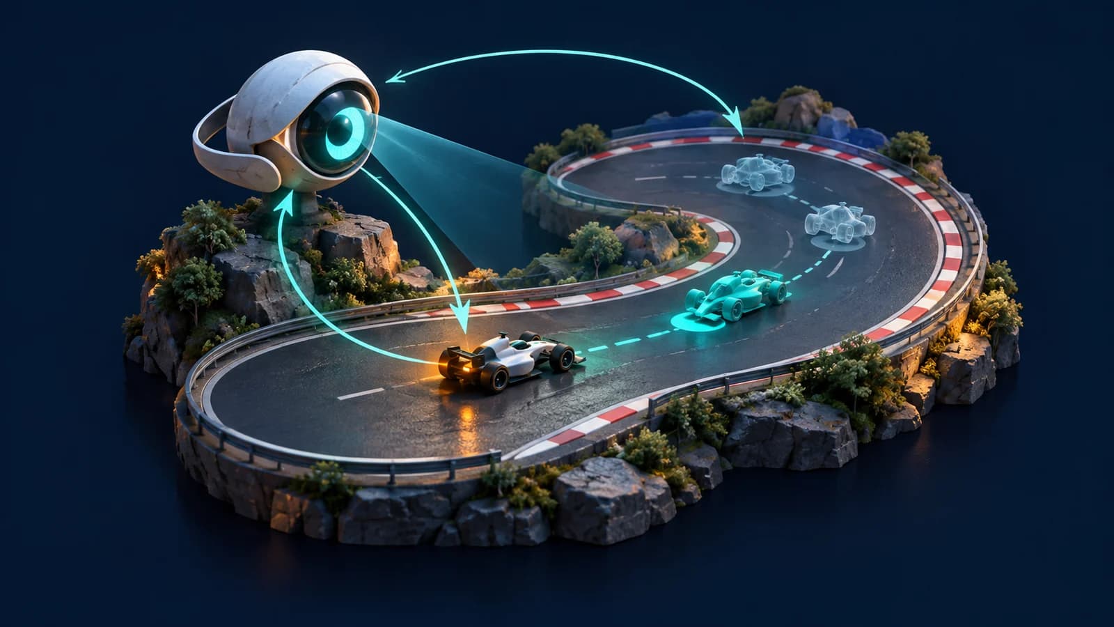 Conceptual game-playing AI feedback loop with an observation eye, a race car, and projected moves on a miniature track.