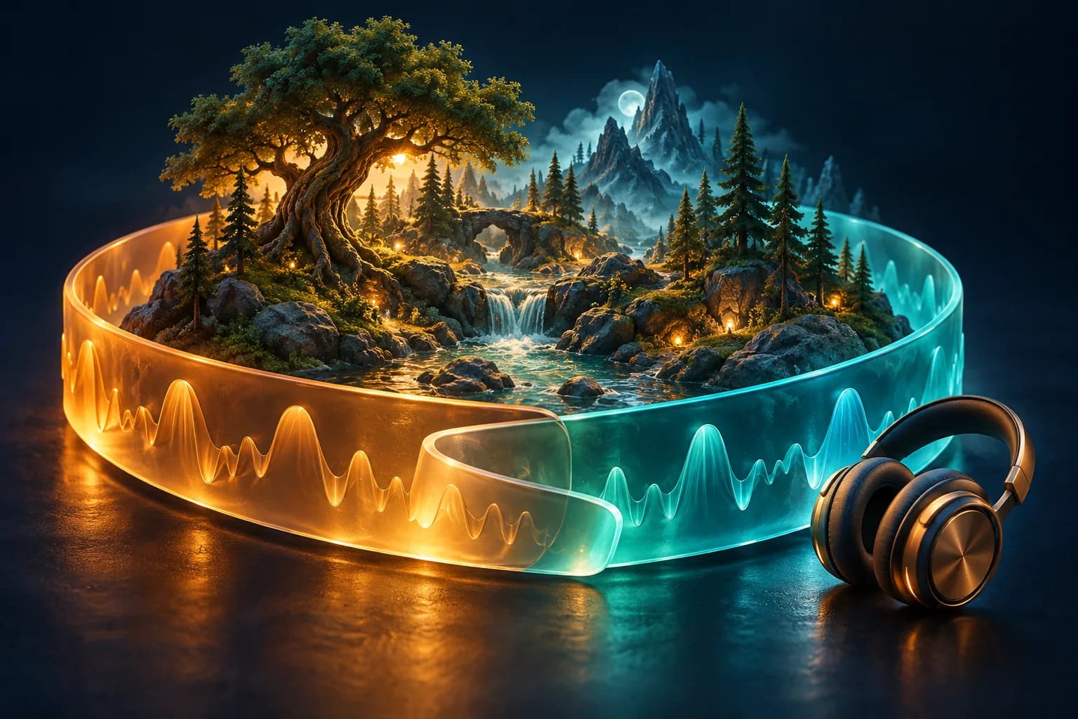 A miniature forest and stream surrounded by overlapping amber and teal waveform ribbons, beside studio headphones.