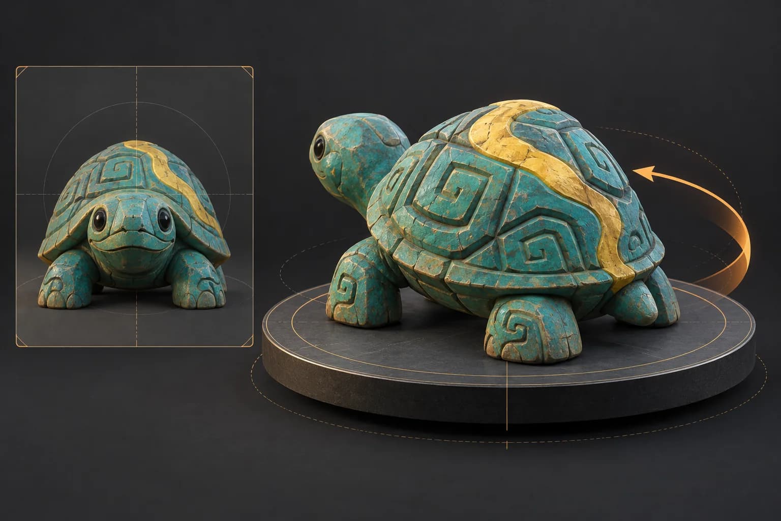 Concept artwork showing a turquoise turtle-shaped prop in a front reference card and a rear three-quarter turntable view.