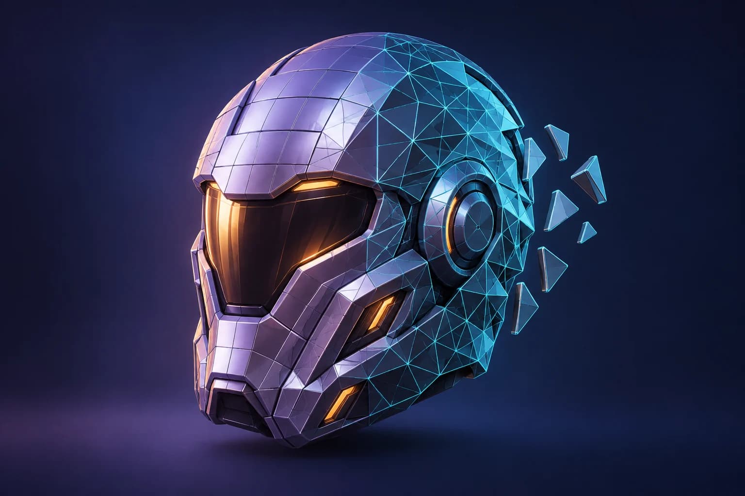 A lavender sci-fi helmet transitions from broad surface panels to a cyan triangular grid, with small facets floating beside it.