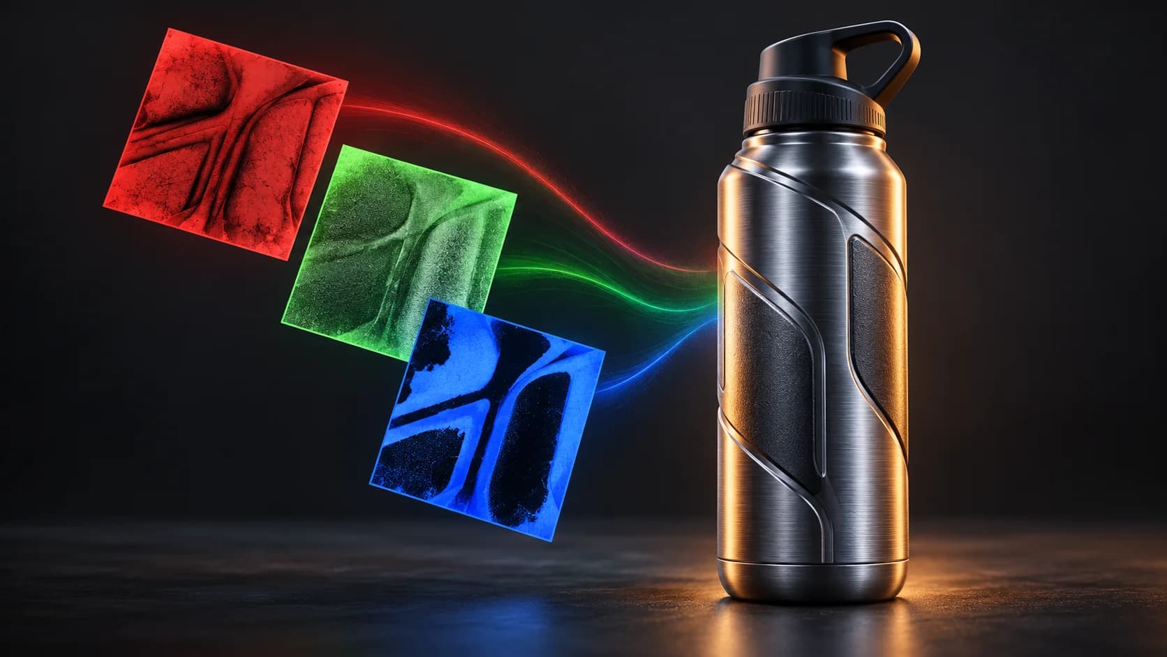 Red, green, and blue conceptual material sheets connected by light trails to an unbranded metal flask.