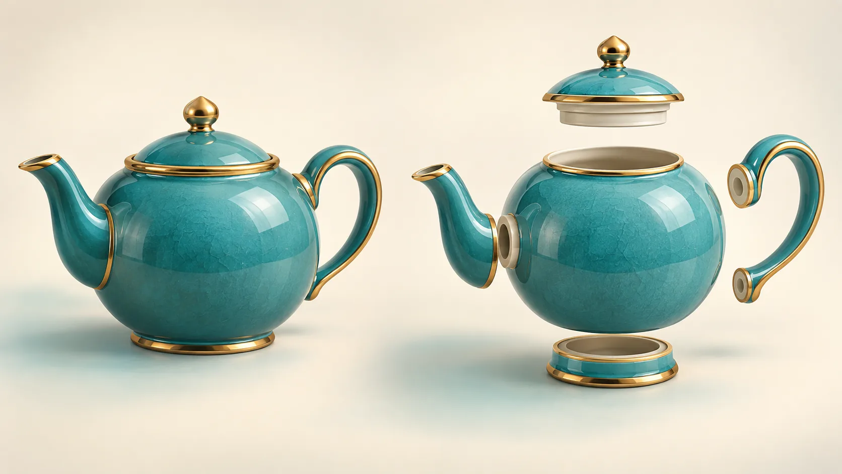 A turquoise and gold teapot shown assembled beside an exploded arrangement of its vessel, lid, spout, handle, and base ring.