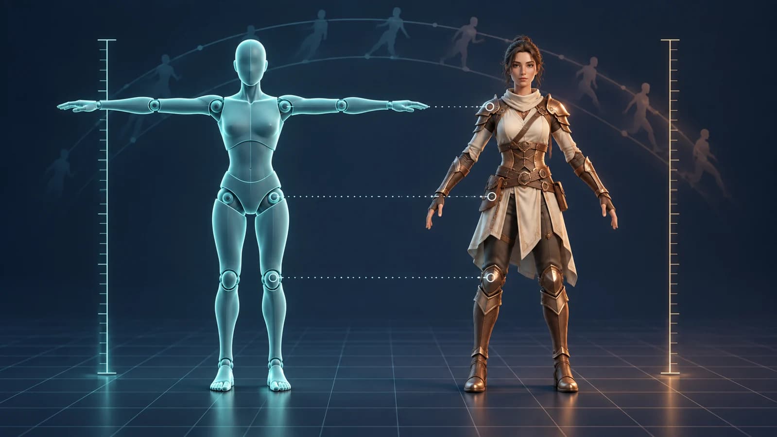 Concept illustration of a teal mannequin in a T-pose beside an adult armored character in an A-pose, with height guides and dotted joint correspondences.