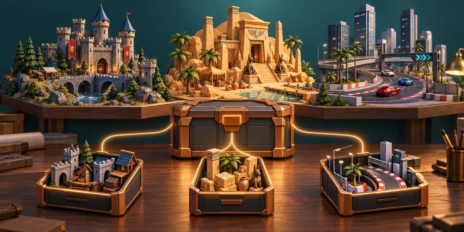 Castle, desert temple and racing-city dioramas connected to a shared resource crate and three smaller scene crates.