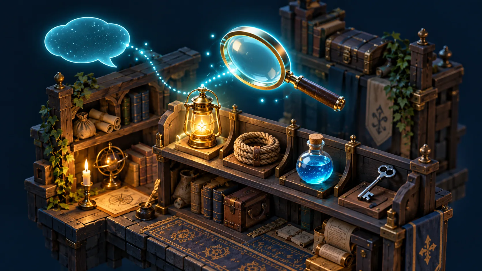 A floating magnifying glass and glowing speech bubble above a lantern, rope, potion, and key in a fantasy archive.