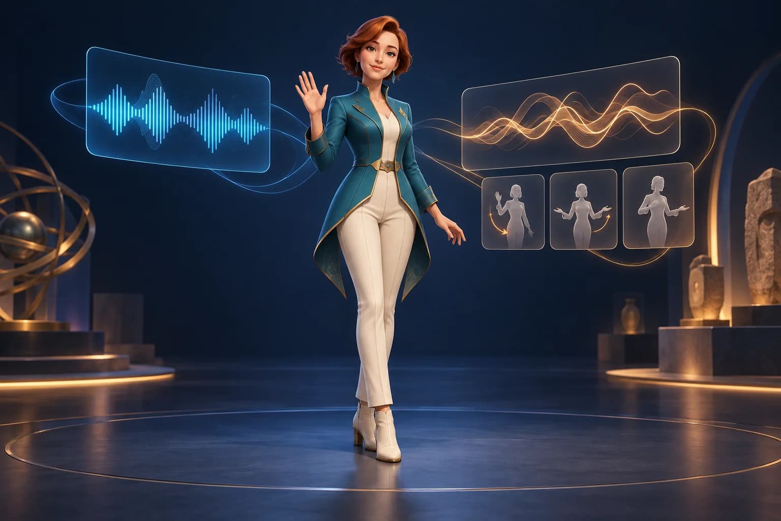 An adult illustrated guide in a teal coat waves beside abstract speech waves and three gesture silhouettes.