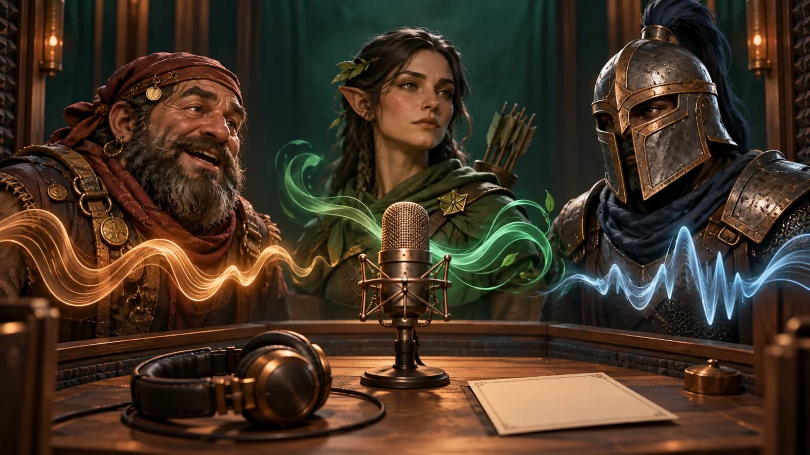 Concept illustration of a fantasy merchant, ranger, and guard around a studio microphone, with colored sound ribbons and an audition card.