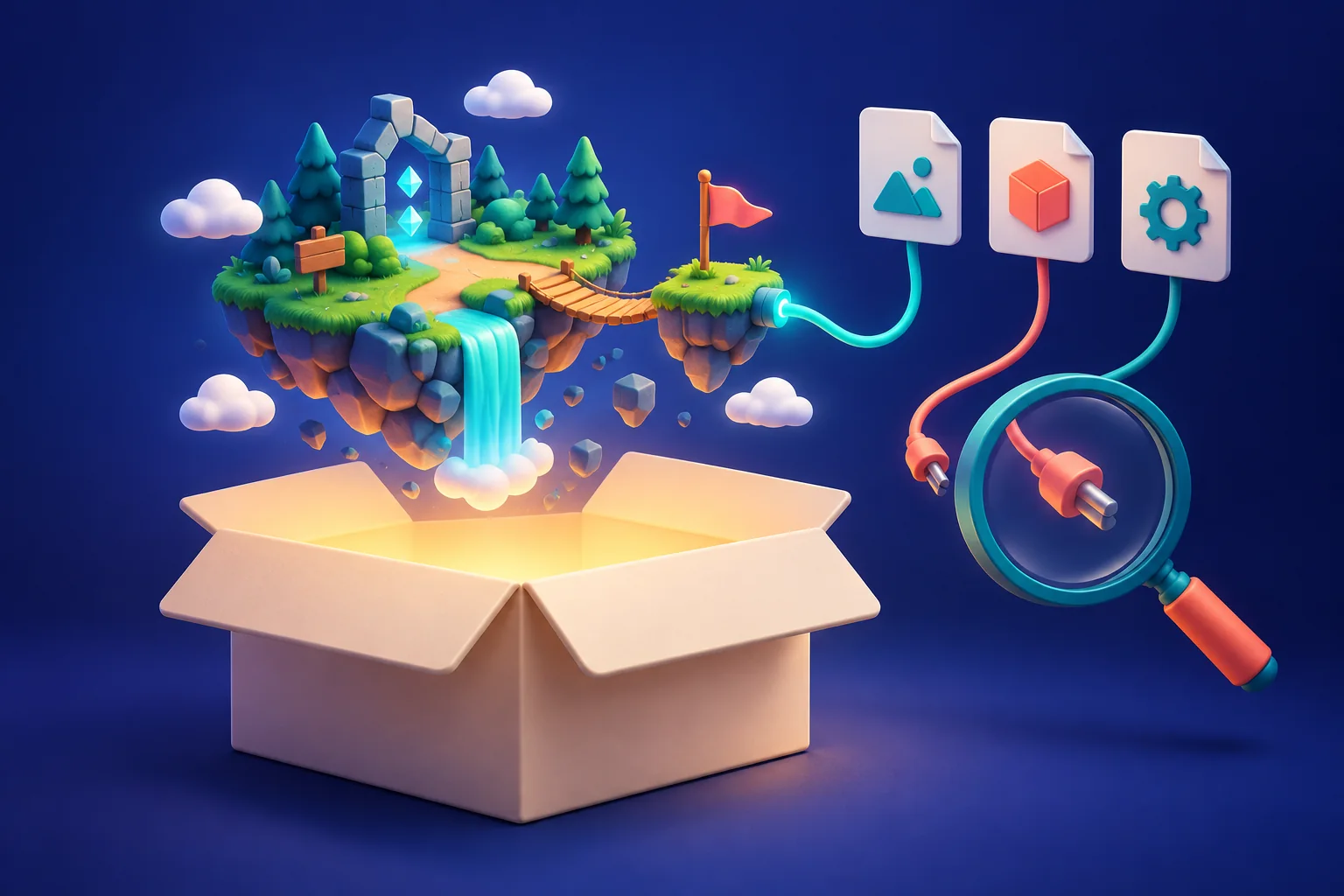 A floating game island above an open box, with file cards, connected and loose cables, and a magnifying glass.