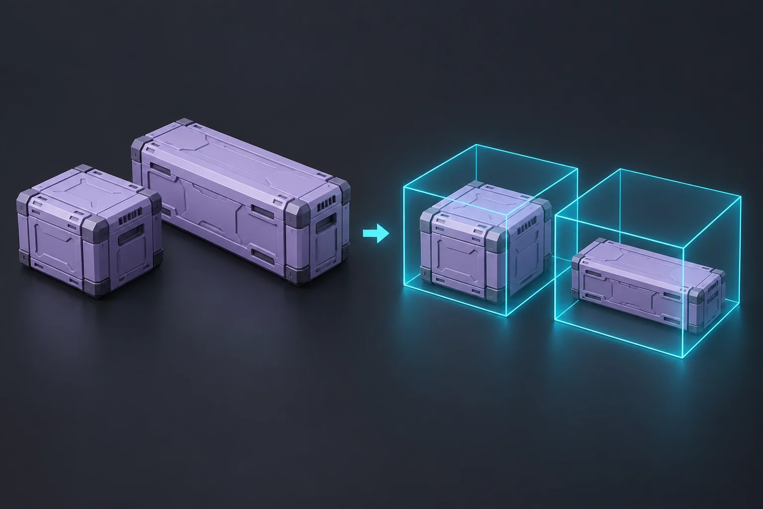 Lavender sci-fi crates of different proportions beside cyan bounding cubes and an arrow indicating a conversion.