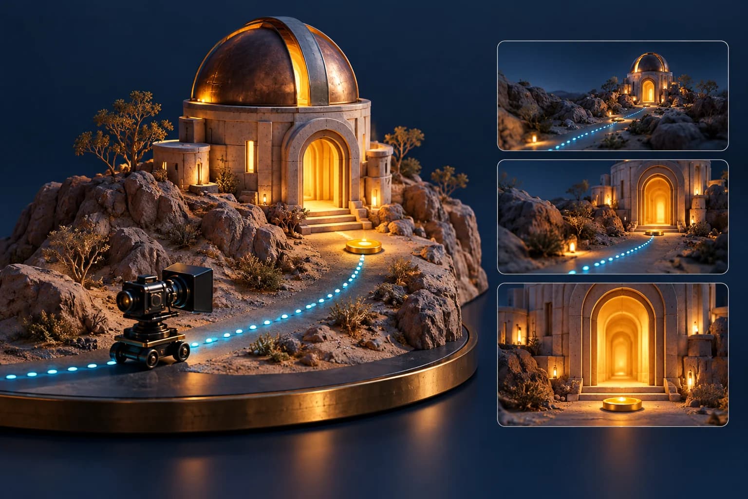 A camera follows a dotted cyan path toward a miniature desert observatory, with three storyboard views beside it.