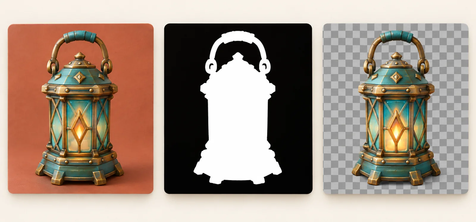 Three concept panels show a turquoise lantern, its white silhouette on black, and the colored lantern over a checkerboard.
