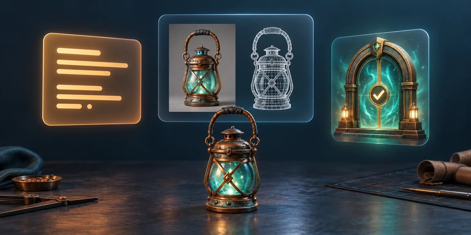 A copper lantern sits beneath abstract prompt marks, image and wireframe references, and a closed gateway with a checkmark.