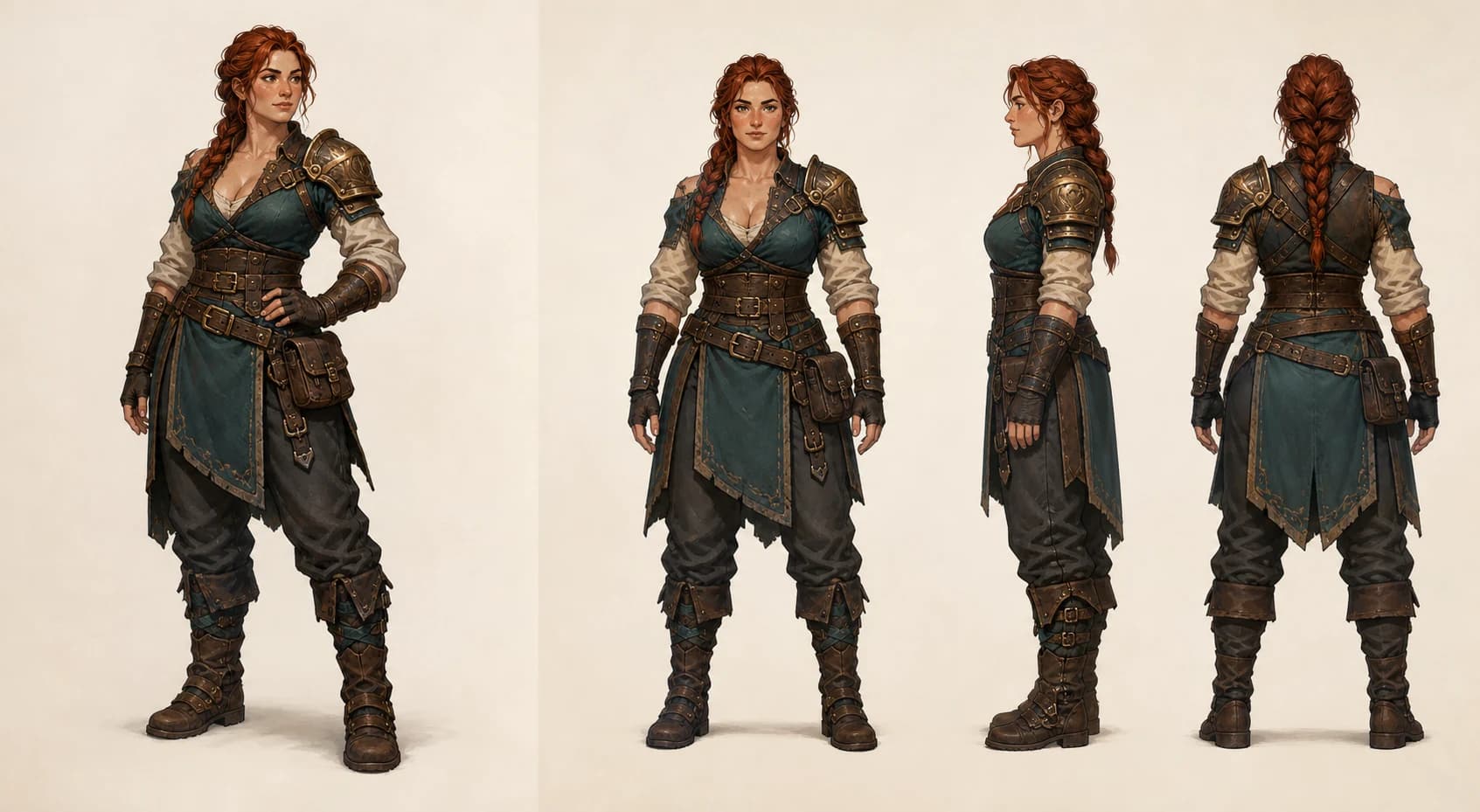 Adult fantasy blacksmith shown once in a three-quarter view and again in front, side, and back views