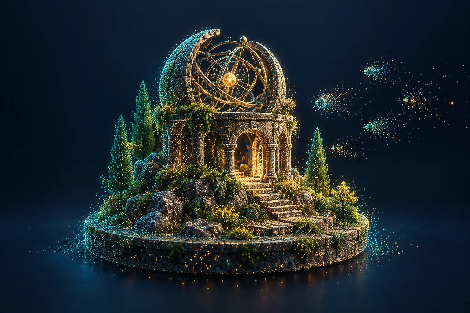 A miniature stone observatory formed from teal and gold dots, with separate clusters beside it on a dark background.