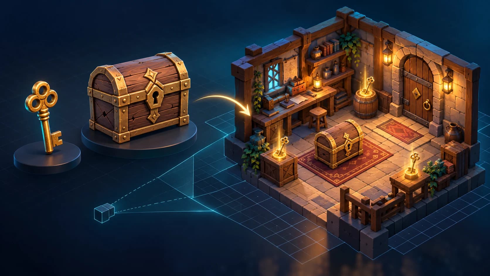 An isolated golden key and wooden chest beside a workshop scene containing a chest and three glowing keys.