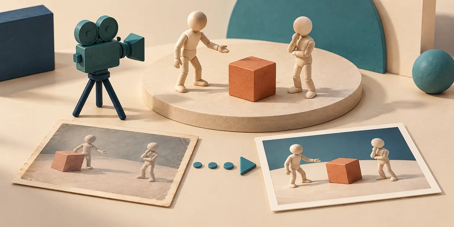 Clay figures, a terracotta cube and a teal camera on a miniature stage, with faded older and crisp newer scene cards.