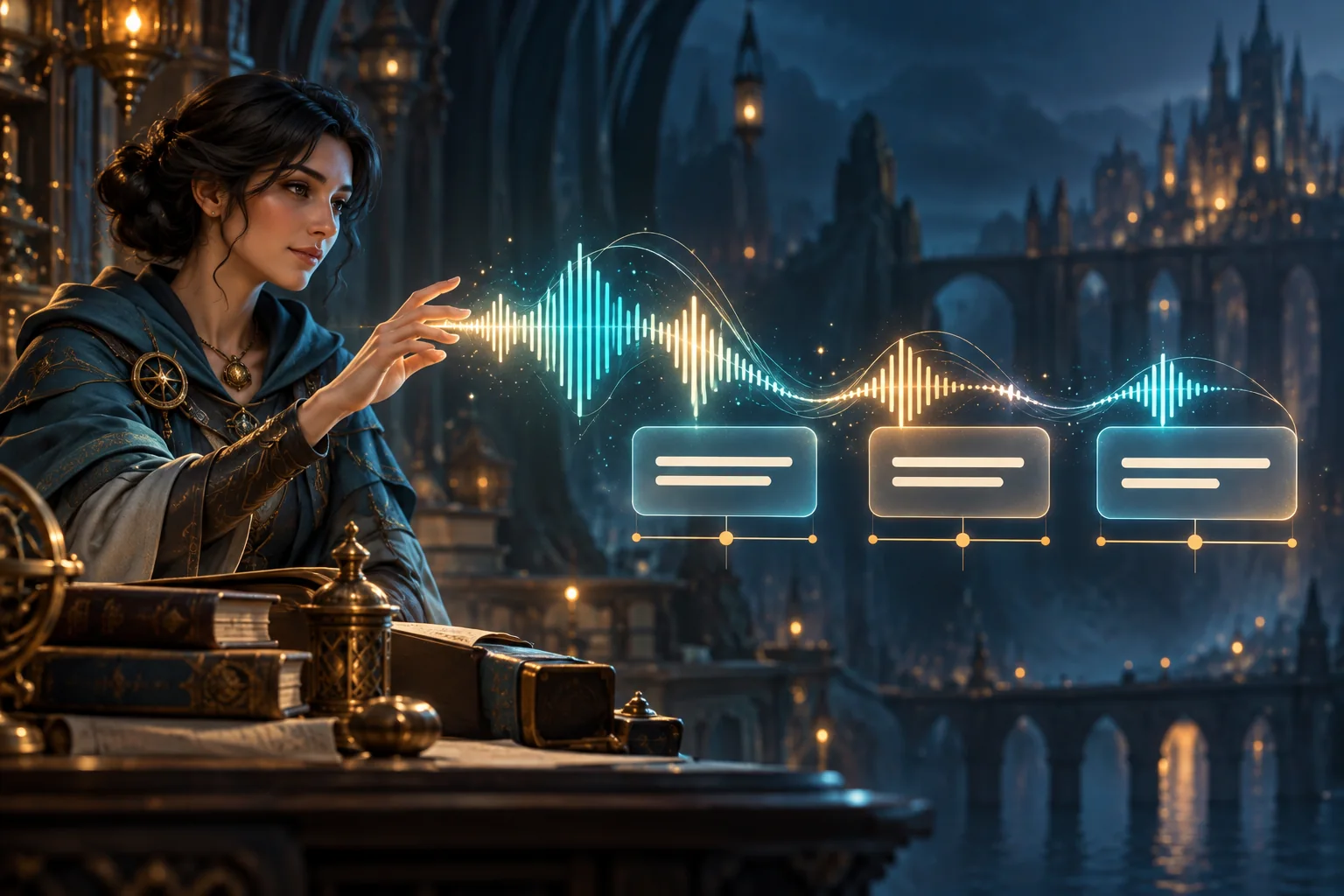 A fantasy archivist beside a luminous waveform and three panels representing grouped subtitle cues.